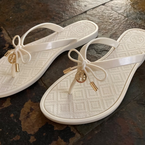 Tory Burch Ivory Gold Jelly Flip Flop Thong Bow Sandal Beach Vacation Vibes Sz 5 - Picture 10 of 13